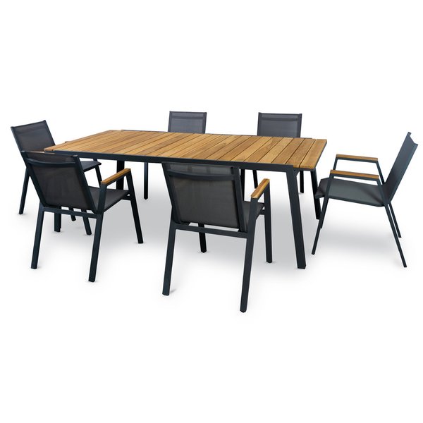 FINQA “Marseille” Dining set with teak slats as table top and 6 chairs.